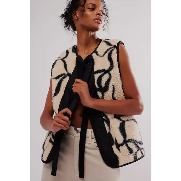 DAMSON MADDER X FREE PEOPLE BLACK IVORY BOWS MARTA BORG GILET VEST JACKET SZ 8 - Picture 4 of 11